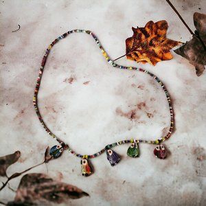 Multiple Owls and seed bead necklace With Barrel Closure 22 inches